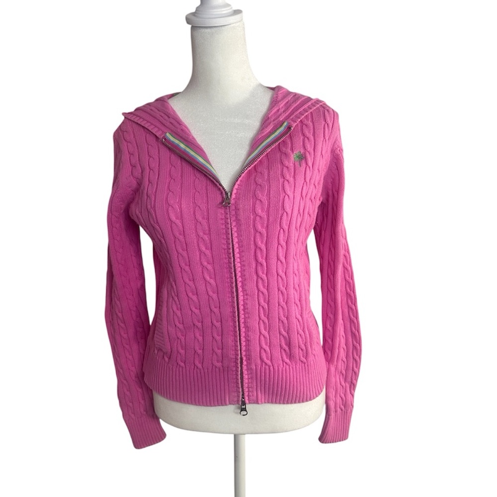 Lilly Pulitzer Vintage White Label Pink Cable Knit Full Zip Hood Cardigan Small